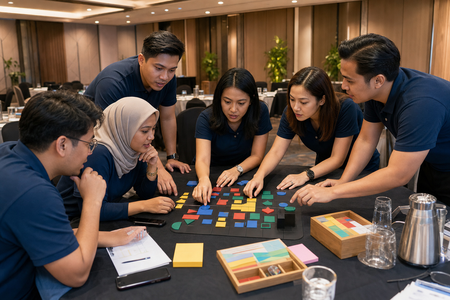 Corporate group collaborating on a colorful strategy puzzle