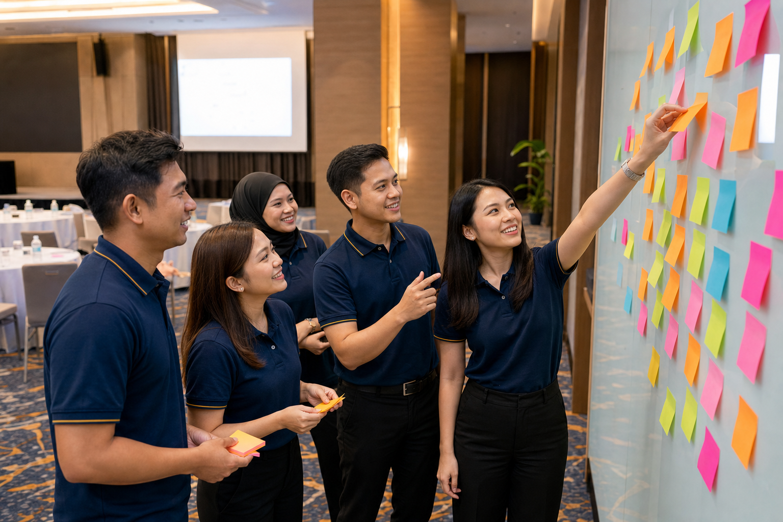 Corporate team brainstorming with colorful sticky notes