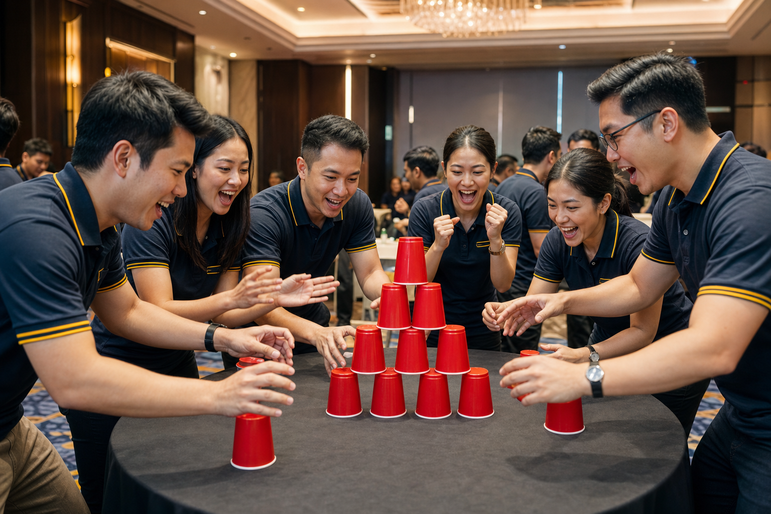 Corporate team enjoying a fast red cup stacking challenge
