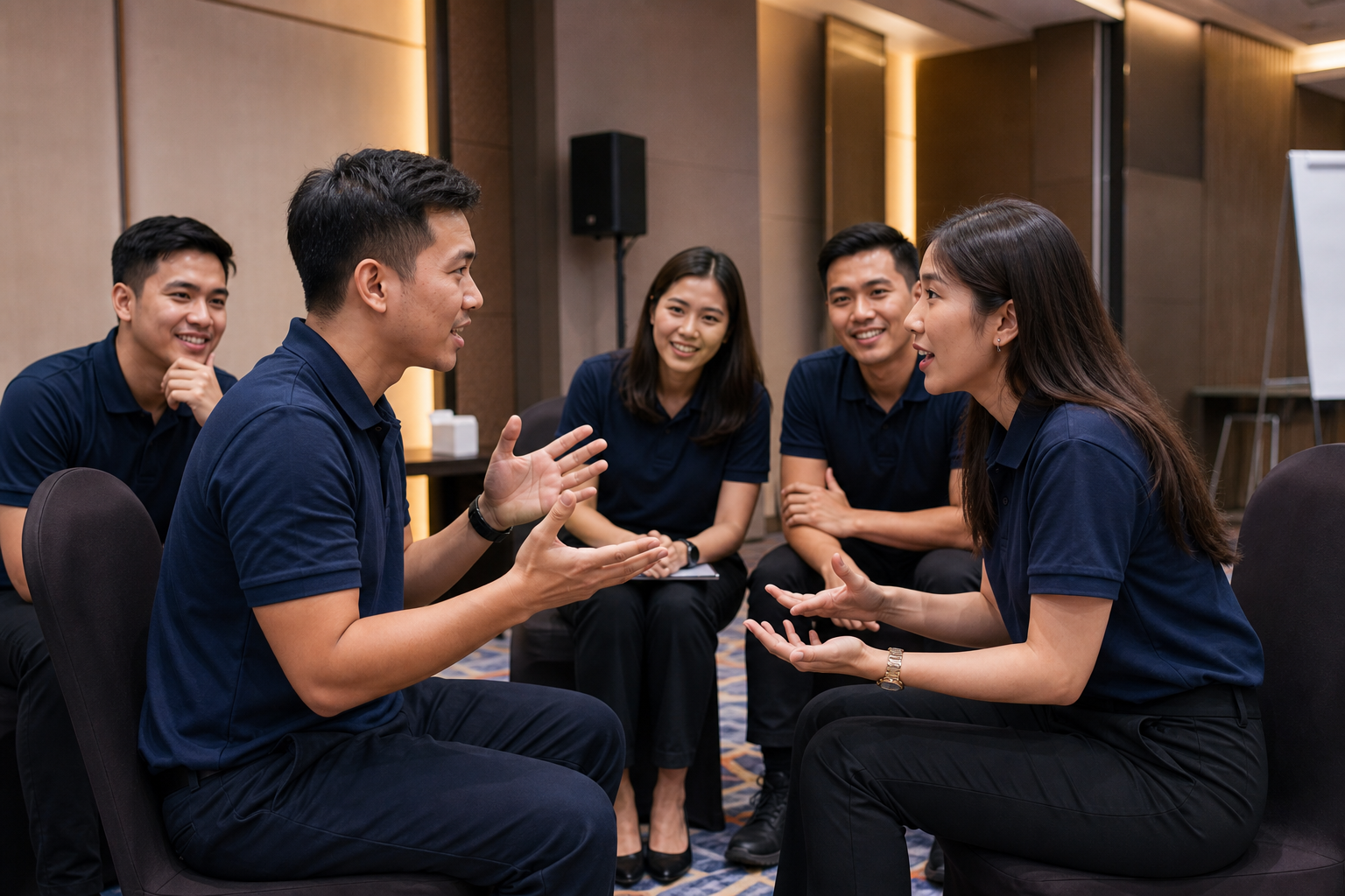 Corporate participants practicing a role play communication scenario