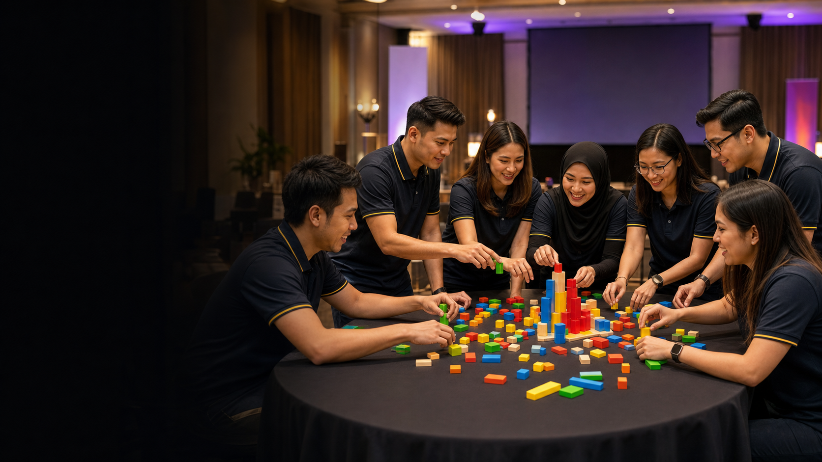 Corporate team solving a colorful block challenge at an indoor event